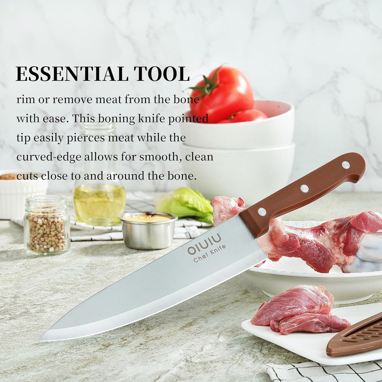 8-Inch Chef Knife with Sheath, German Steel, Ergonomic, Brown