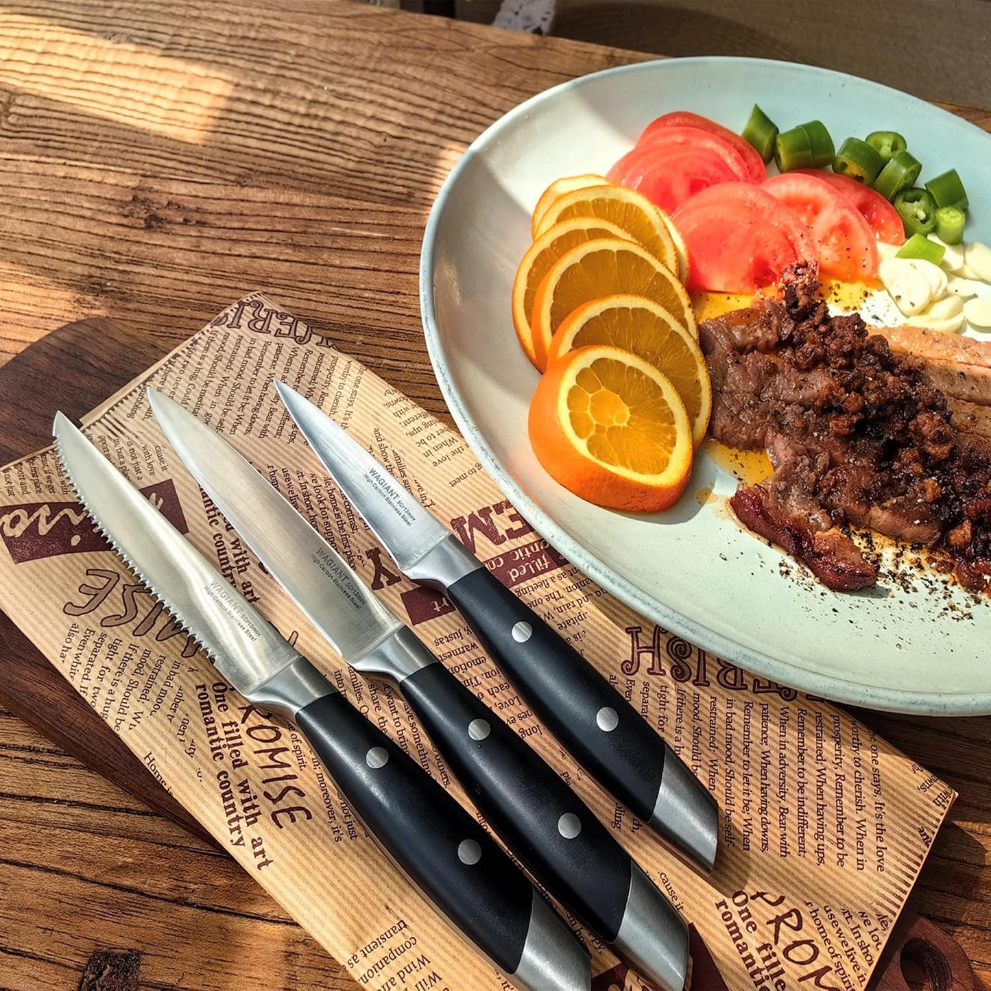 3-Pc Kitchen Knife Set, High-Carbon Steel, Black Handle, 3.5 & 5 Inch