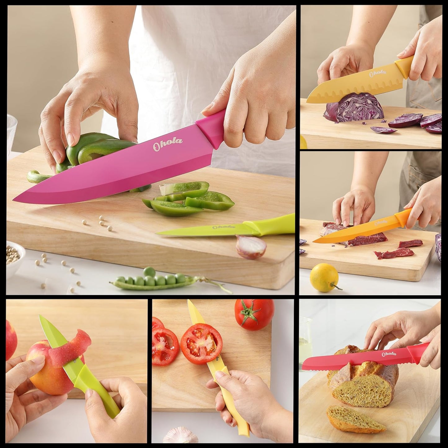 12-Pc Knife Set, OHOLA, Stainless Steel, with Sheaths, Dishwasher Safe, Multicolor