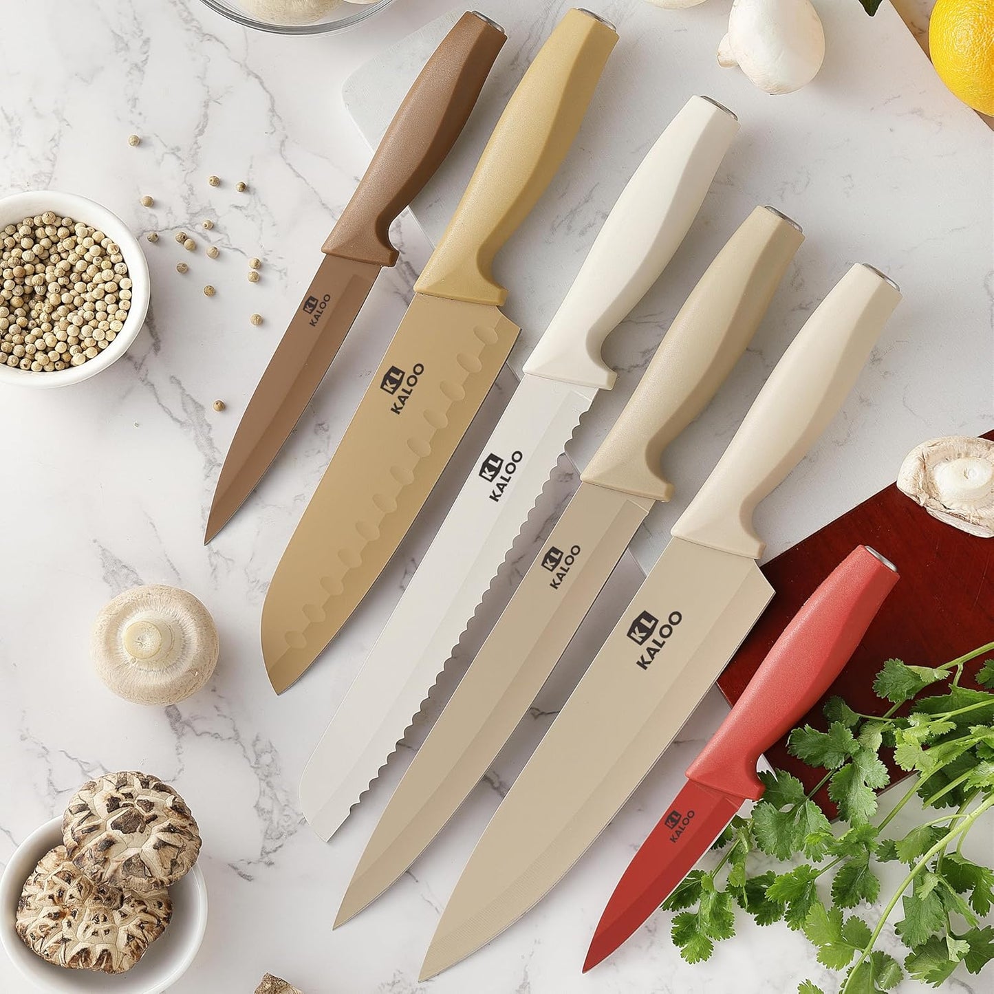 12-Pc Knife Set, Kaloo, Stainless Steel, with Guards, Dishwasher Safe, Brown