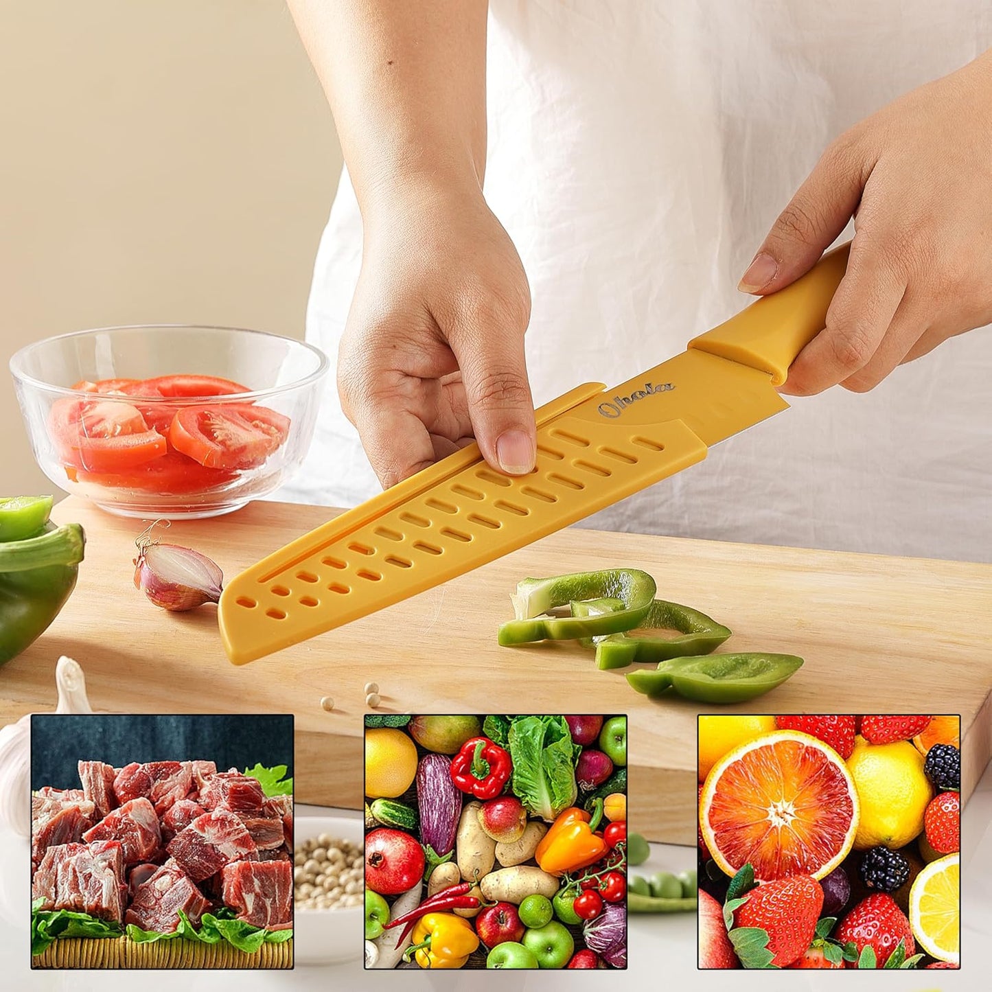 12-Pc Knife Set, OHOLA, Stainless Steel, with Sheaths, Dishwasher Safe, Multicolor