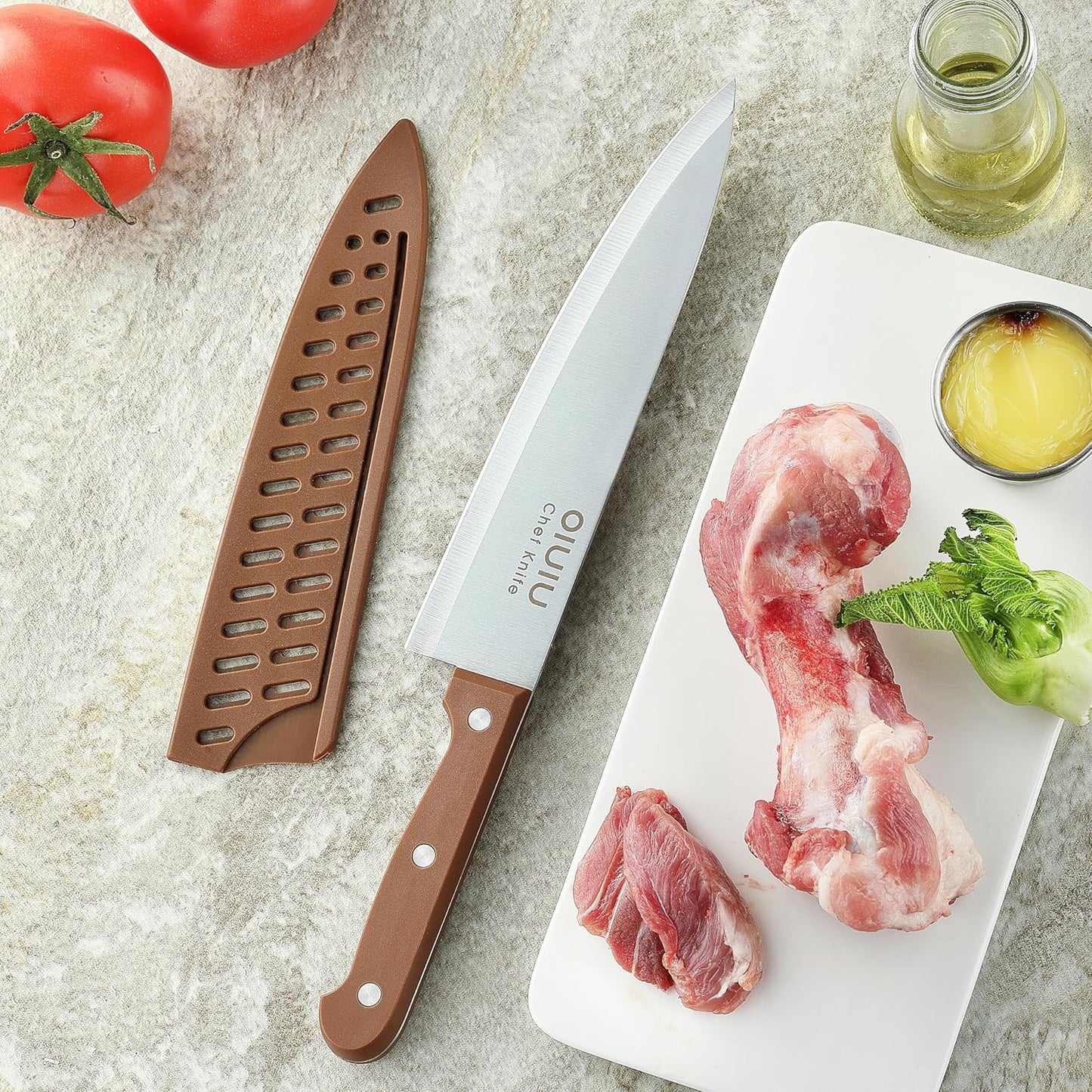 8-Inch Chef Knife with Sheath, German Steel, Ergonomic, Brown